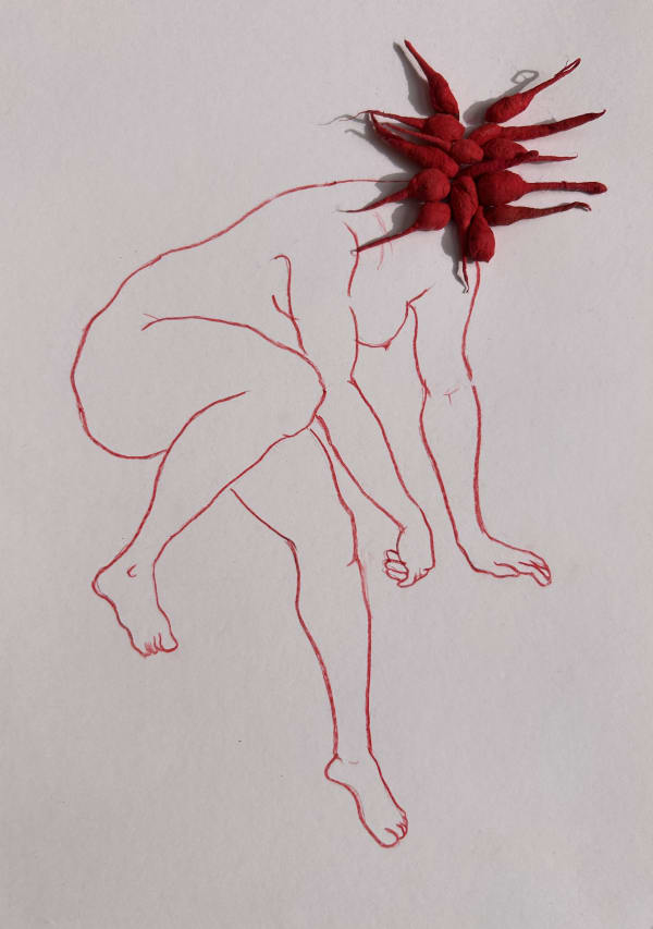 Megha Joshi Red Series XXVII 8.3 x 11.7 Inches Watercolour pencil, cotton wicks, vermillion and acrylic on paper 2023