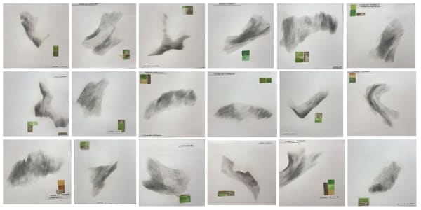 Open a larger version of the following image in a popup:Interference: An Upsurge I 8 x 9 Inches | Set of 18 Graphite pencil, type text and watercolour on paper 2021 Interference: An Upsurge I 8 x 9 Inches | Set of 18 Graphite pencil, type text and waterco