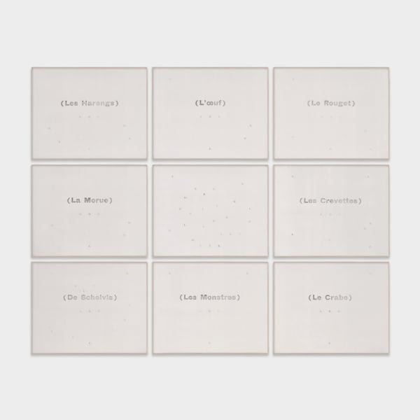 Marcel Broodthaers (1924-1976) Les Poissons, 1975 Impressão à prensa sobre tela [Letterpress on canva] Conjunto de 9 telas, 80 x 100 cm (cada) [Set of 9 canvases, 31 3/8 x 39 1/4 in. (each)]