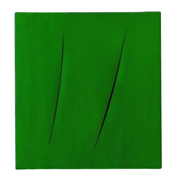 Concetto Spaziale, Attese, 1960 Aquarela sobre tela [Watercolor on canvas] Assinado, intitulado e com inscrição “L. Fontana Concetto Spaziale ATTESE 1+1-33ST” no verso [Signed, titled and with inscription “L. Fontana Concetto Spaziale ATTESE 1+1-33ST” on the reverse] 40.5 x 38 cm [15 15/16 x 14 15/16 in.]
