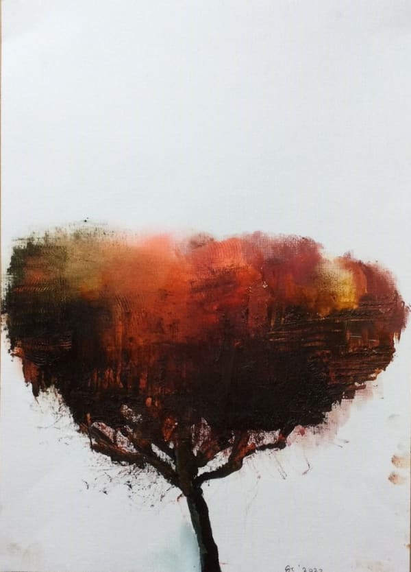 Gareth Edwards, Before the Fall, red, oil on canvas paper, 40 x 30 cm, 2022