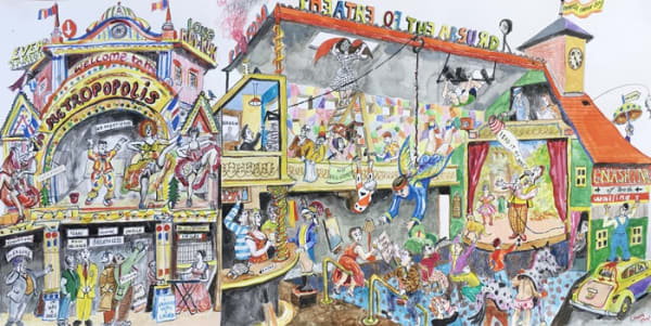 Chris Orr, Theatre of the Absurd, watercolour on paper, 41 x 84 cm, 2018