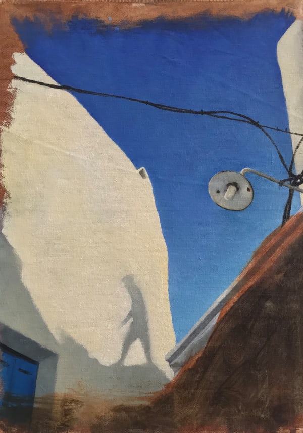 Toma Watson, Shadow of a Worker, Mykonos, oil on canvas mounted on linen, 45 x 35 cm, 2021