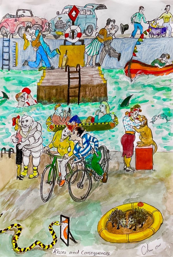 Chris Orr, Kisses and Consequences, watercolour and ink on paper, 42 x 28 cm, 2024