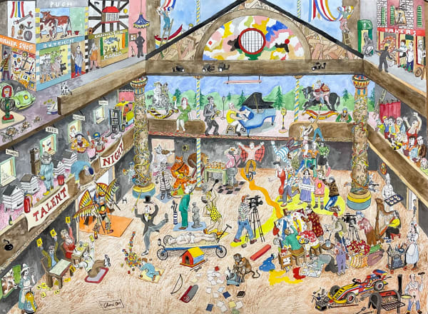 Chris Orr, 'Talent Night - the Human Pyramid', watercolour and mixed media on paper, 79 x 107 cm, 2023