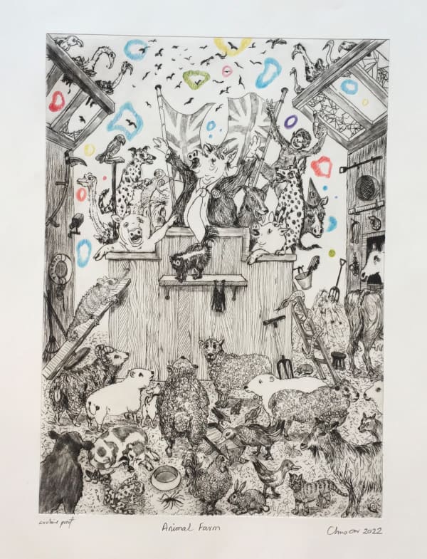 Chris Orr, Animal Farm;, engraving with stencil hand colour, edition of 25, 70 x 55 cm, 2022