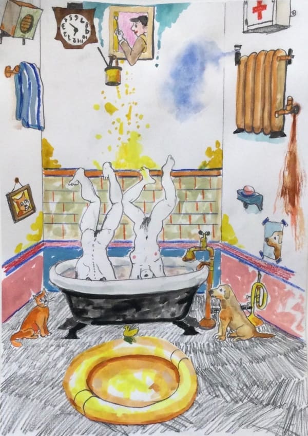 Chris Orr, Laugh in the bath, watercolour and pencil on paper, 42 x 28 cm, 2025