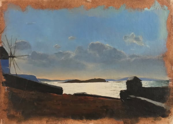 Tomas Watson, Mykonos in April, oil on canvas mounted on board, 30 x 42 cm, 2021