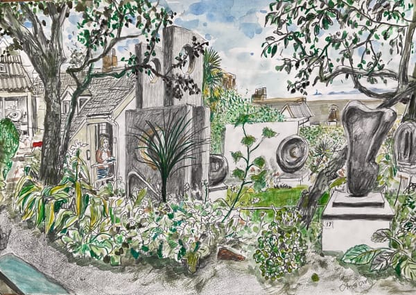 Chris Orr, Barbara Hepworth’s Garden, Trewyn, St Ives, Cornwall, watercolour and pencil, 40 x 57 cm, 2024