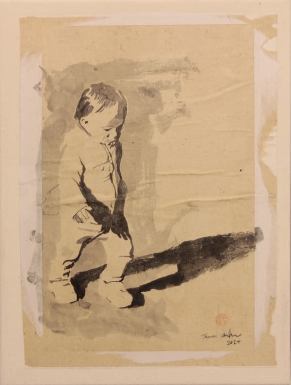Tomas Watson, Running Child 1, sumi ink on Japanese paper mounted on stretched canvas, 40 x 30 cm, 2025