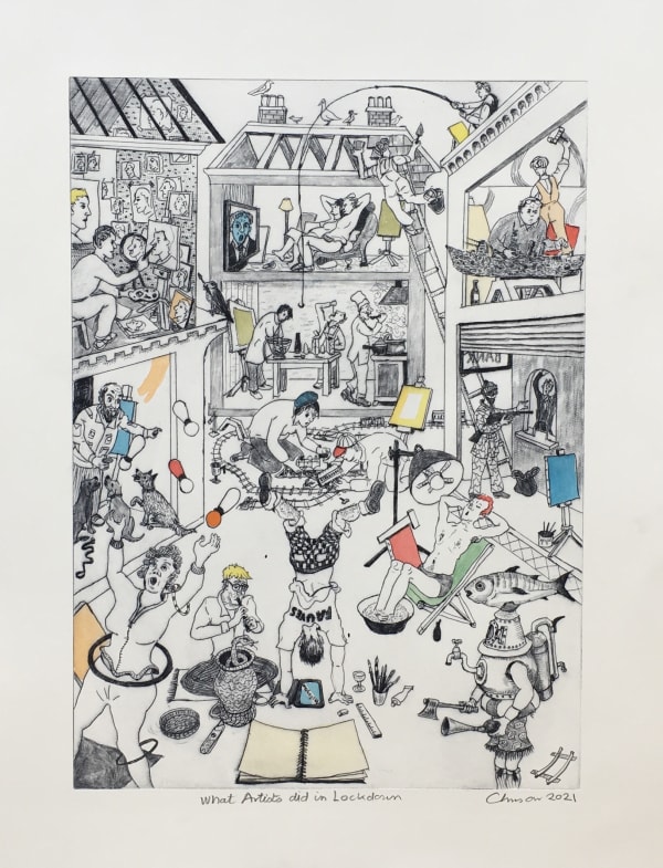 Chris Orr, What artists did in Lockdown, engraving with stencil hand colour, edition of 25, 70 x 55 cm, 2022