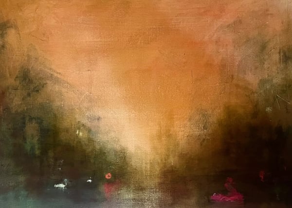 Mary Grant, Swans and Drifting Flamingo on Lake at Dusk, oil on canvas, 30 x 40 cm, 2024