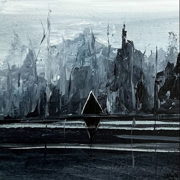 John Hainsworth, Grey beyond shelter, acrylic on board, 10 x 10 cm, 2022