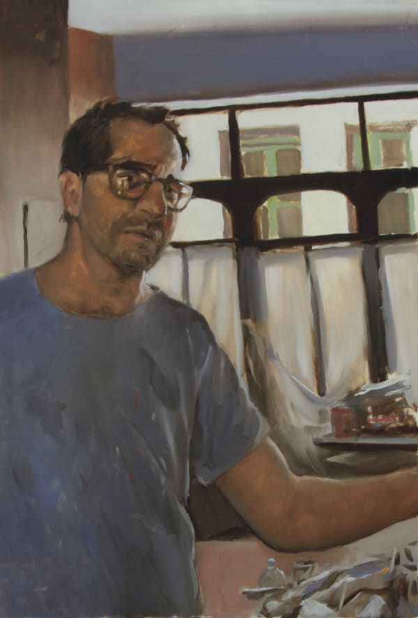 Tomas Watson, Self Portrait (as a father), oil on sized paper mounted on canvas, 40 x 30 cm, 2024