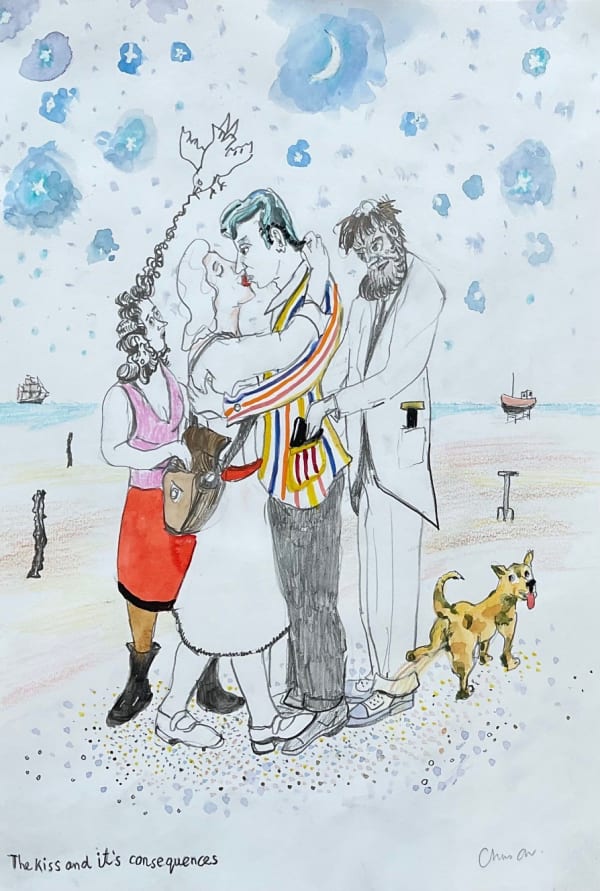 Chris Orr, The Kiss and its Consequences, watercolour and ink on paper, 42 x 28 cm, 2023