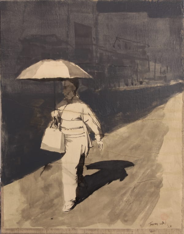 Tomas Watson, Kyoto Lady 2, sumi ink on Japanese paper with glaze mounted on stretched canvas, 33 x 23 cm, 2025