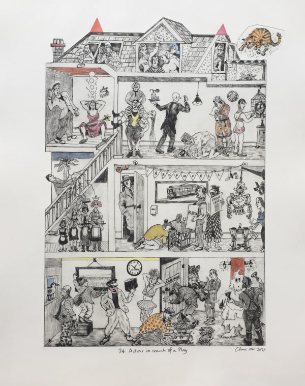 Chris Orr, 34 Actors in search of a Play, engraving with stencil hand colour, edition of 25, 70 x 55 cm, 2022