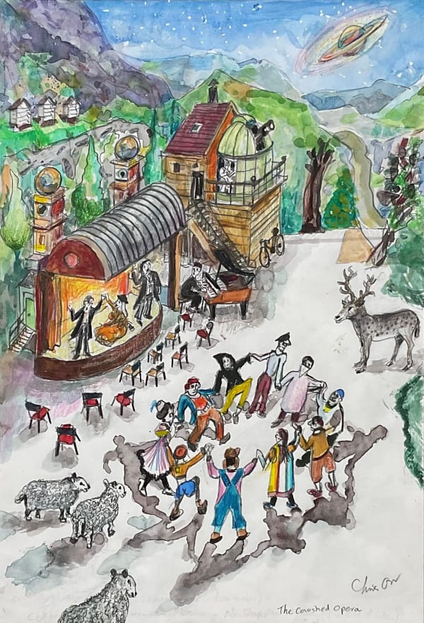 Chris Orr, 'Cowshed Opera', watercolour and pencil on paper, 42 x 28 cm, 2022