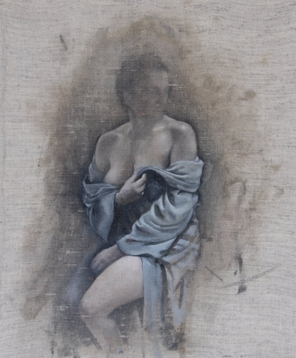 Tomas Watson, Woman with Drapery, front view, oil on linen, 45 x 34.5 cm, 2022