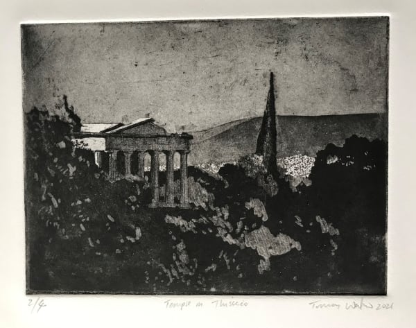 Tomas Watson, Temple at Thisseio, soft ground etching with aquatint, edition of 4, 25 x 35 cm, 2021