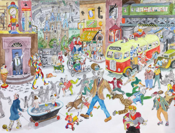 Chris Orr, Taking the Children to School, watercolour and pencil on paper, 57 x 76 cm, 2020