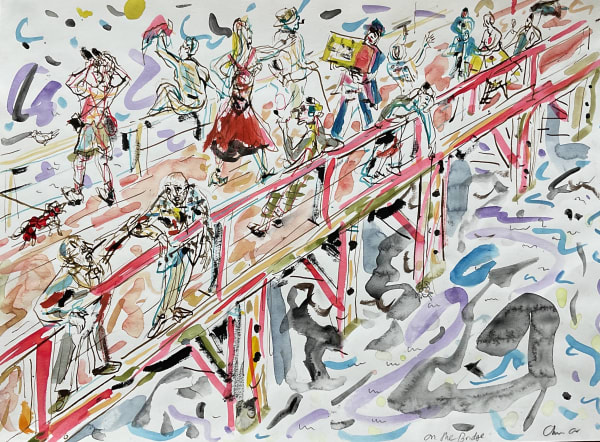 Chris Orr, Conversations on the bridge, watercolour and ink, 30 x 41 cm, 2018