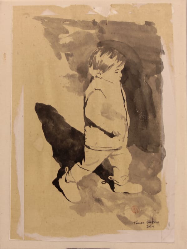 Tomas Watson, Running Child 2, sumi ink on Japanese paper mounted on stretched canvas, 40 x 30 cm, 2025