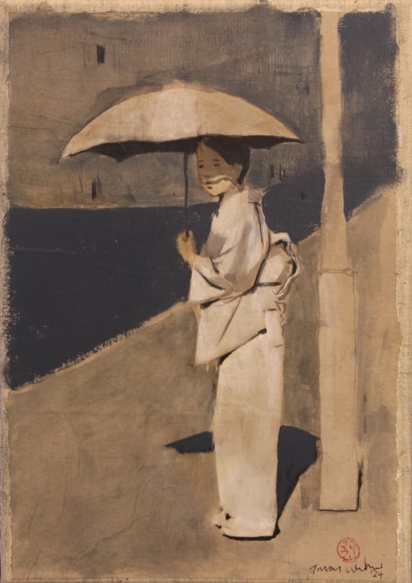 Tomas Watson, Kyoto Lady 1, sumi ink on Japanese paper with glaze mounted on stretched canvas, 33 x 23 cm, 2025