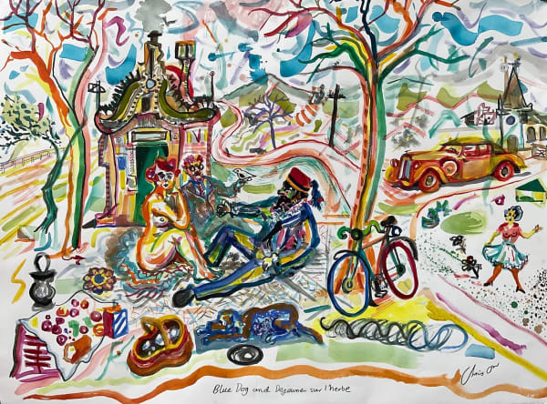 Chris Orr, Blue Dog and Dejeuner sur l'herbe, watercolour, 56 x 76 cm, 2021
