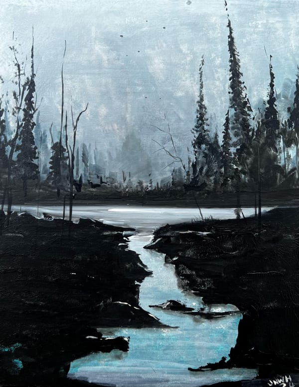 John Hainsworth, Paynes Grey Pines, acrylic on board, 25 x 20 cm, 2024