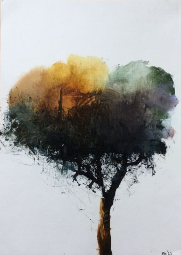 Gareth Edwards, Before the Fall, yellow, oil on canvas paper, 40 x 30 cm, 2022