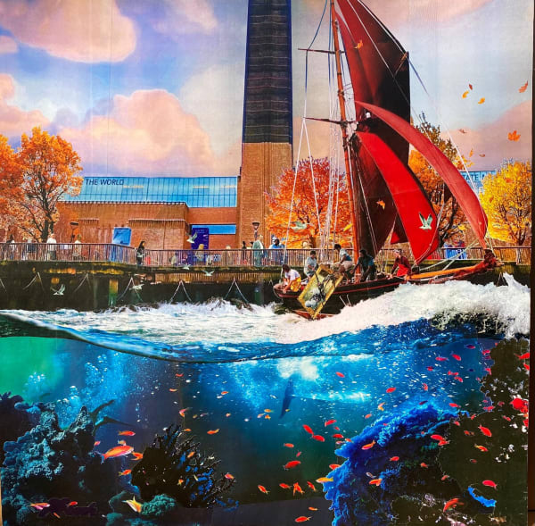 David Mach, Hi Tide Tate, photograph and collage on board, 100 x 100 cm, 2025