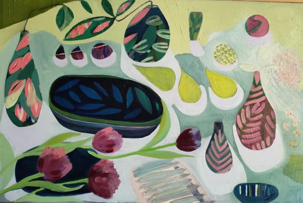 AMANDA THOMPSON Anchovies, tulips, pears and pots 50cm X 79 cm Oil on canvas SOLD