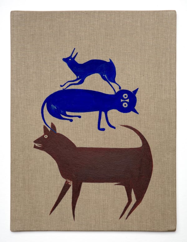 JANE DICKINS Blue Cat with Dog and Hare 2021 Acrylic paint on organic linen board 48cm high x 38cm wide SOLD