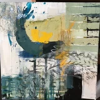 JAYNE LAMBERT ‘Blowing Up A Storm’ 2021 40 x 40 cm acrylic paint & mixed media collage on canvas £380.00