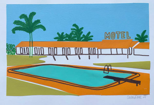 CHARLOTTE WINDSOR Poinsettia Motel 18.5cm (h) x 27cm (w) Collaged coloured paper and pen SOLD