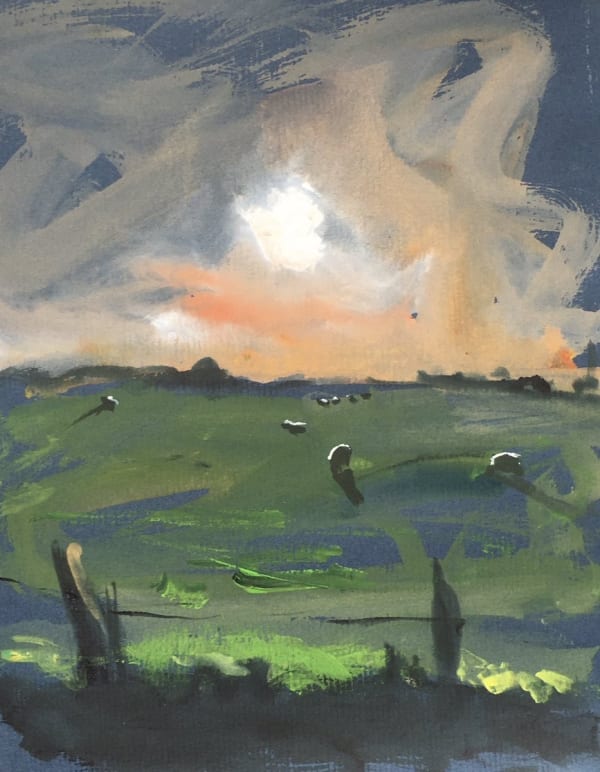 Duncan Ellerington Sunset Over Sheep 2022 16 x 19cm watercolour and gouache on Amatruda cotton paper 200g £350