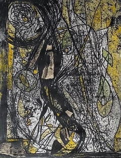 Deirdre Kashdan Fractured 2021 30 x 39cm etching with chine collé and watercolour £450