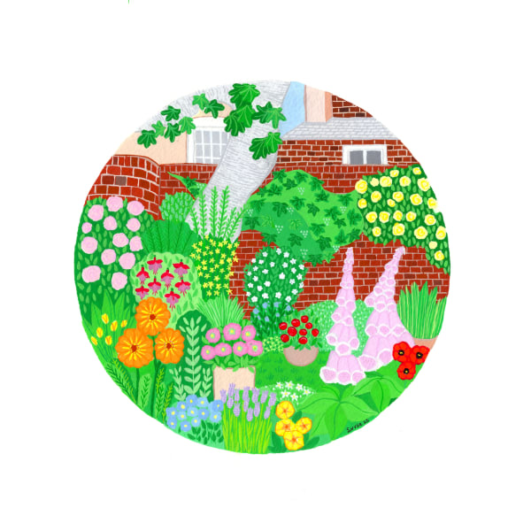 Sheila Vyse Fig Tree and Flowers 2022 14cm diameter, 22 x 22cm framed size gouache £150