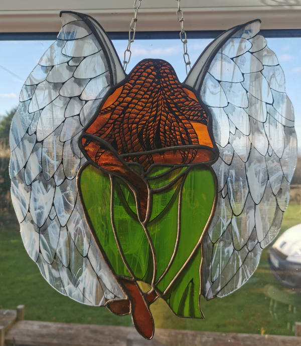 Wendy Atkins Angek at Rest - Down But Not Beaten 33 x 40.6cm Tiffany style stained glass
