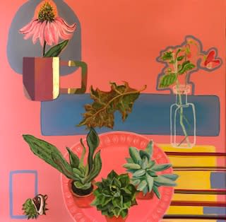 Elsa Hunt Nature Table 1 2021 50 x 50cm mixed media, emulsion acrylic collage and gold leaf £400