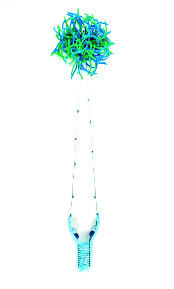 Diana Wolzak Sea Hanging Blues Greens 2022 110 x 30 x 20cm mixed recyled media wall sculpture £900