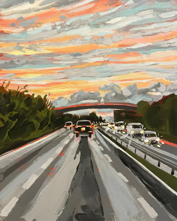 Becky Baur Sunset Over the M2 2023 26 x 21cm acrylic and gouache on board £250