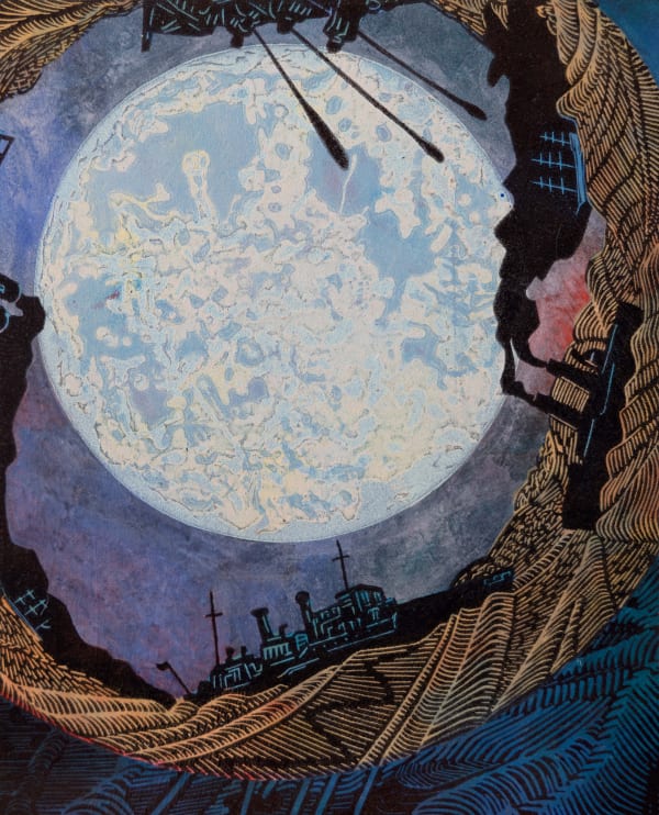 Nicki Vowls To the Moon by Waterspout 2022 32 x 26cm monoprint, multiple relief prints on board £460