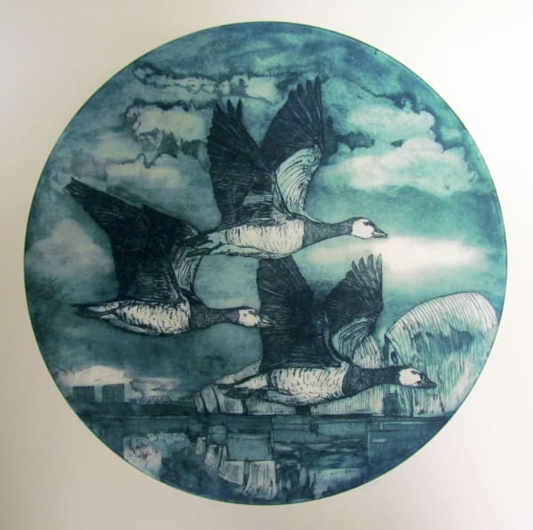 Tim Mitchell BARNACLE GEESE, WINTER SOLSTICE, THAMES BARRIER, LONDON Aqautint etching, print Edition 12 of 50 50 x 50cm £335 (framed) £285 (unframed)