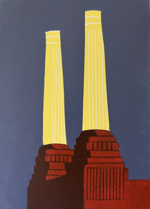Jennie Ing BATTERSEA'S CHIMNEYS Reduction linocut print Edition 5 of 30 43 x 33cm £130 (framed) £95 (unframed)