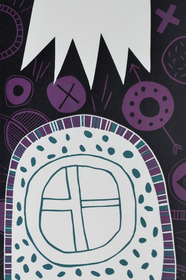 Julian Davies POUNDING THE WITCH DRUM Reduction linocut Edition 4 of 9 44 x 33.5cm £195 (framed) £150 (unframed)