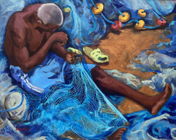 Anne Blankson-Hemans Ghanaian Fisherman 2021 Oil on Board 40 x 50cm 60 x 70cm framed £750