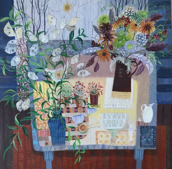 Morag Stevenson Honesty and Birthday Blooms Acrylic on linen board 40 x 40cm Framed- 63 x 63cm £595