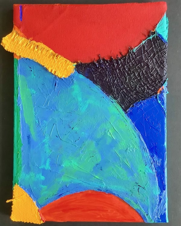 Anthony Frost Sub Woofer Acrylic on collage on canvas, hessian scrim- sofa sample material 36 x 26cm £3000